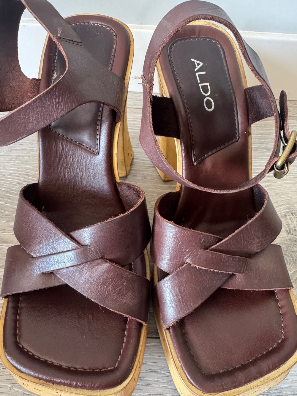 Vintage Y2K Aldo Brown Leather Cork Platform Heels Sandals Sz 8 / 38 Bratz vibes - Picture 3 of 14